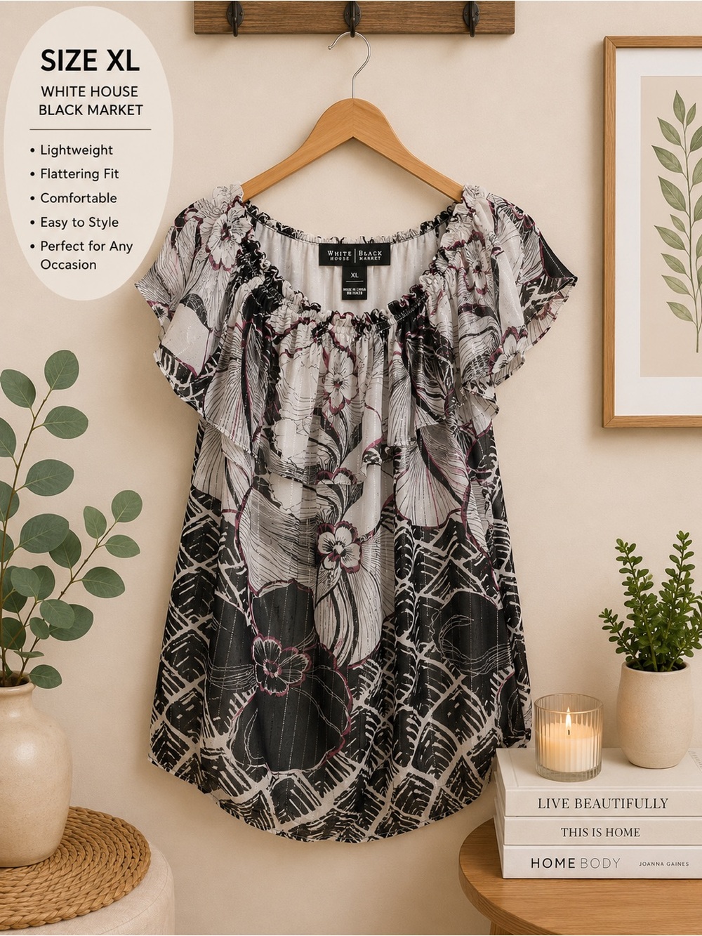 White House Black Market Black, White & Pink Floral Ruffle Tunic
